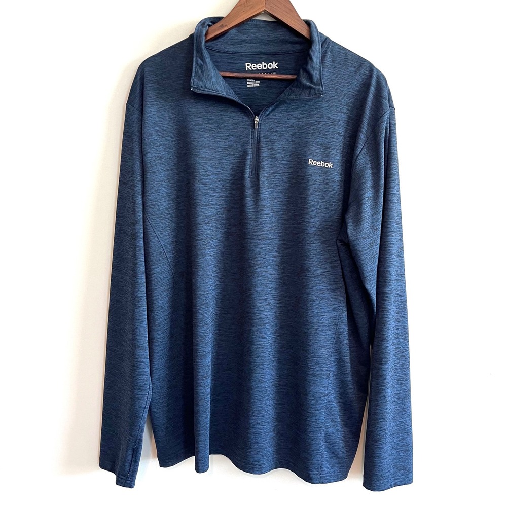 Reebok Mens XL Quarter Zip Pullover Navy Blue Space Dye Performance Thumbholes